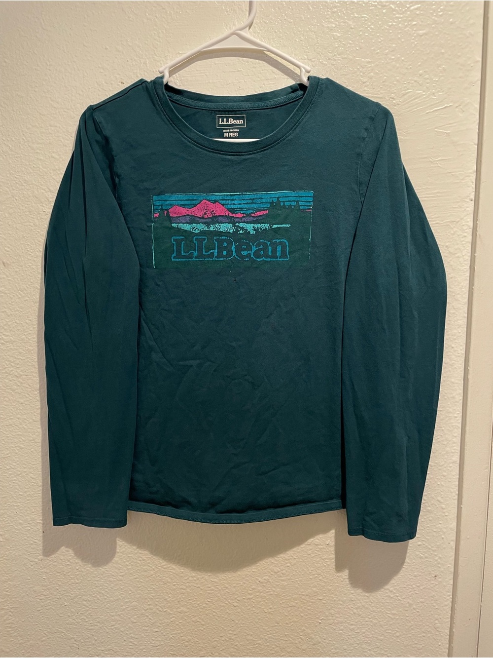 LL Bean Retro Mountain Graphic Tee 🌲 Dark Teal Long Sleeve Top M REG